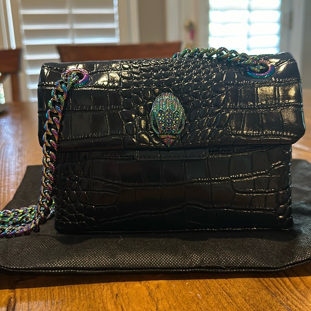 Kurt Geiger Black Croc Shoulder Bag with Iridescent Chain